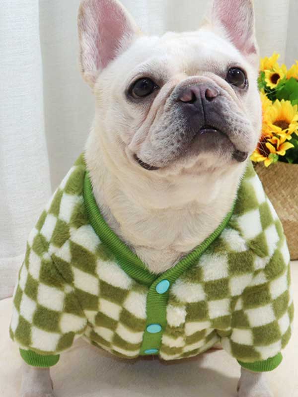 GMTPET Green and white checkerboard fat dog bulldog pug dog French fighting winter clothes plus velvet thick cardigan plush sweater 107-222039 www.gmtpet.com