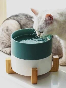 Tigela de cerâmica para gatos de estimação por atacado de fábrica com tigelas de suporte de bambu 123-12002 www.gmtpet.com